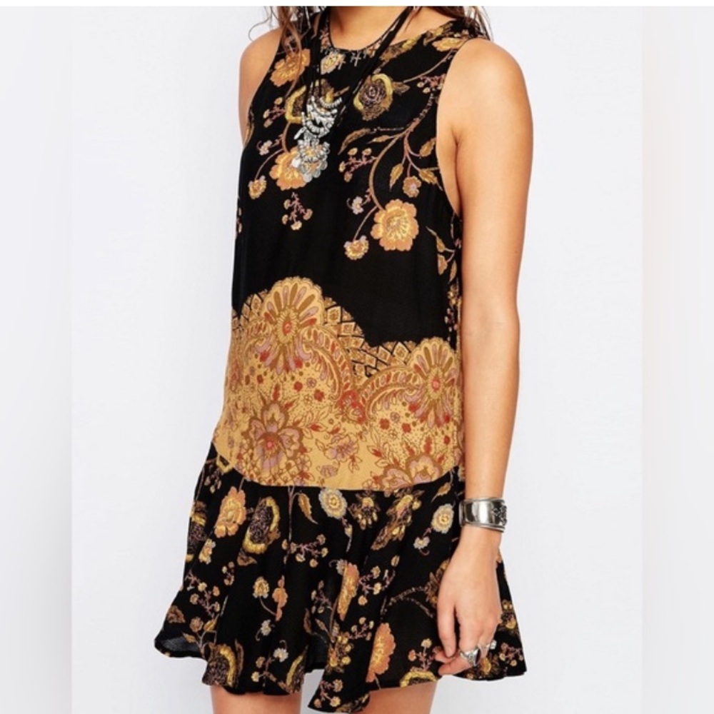 FREE PEOPLE Dobby Dot swing slip dress mini dress black gold yellow floral size